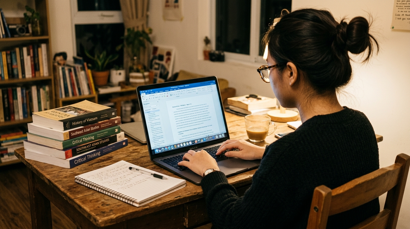 Sinh viên định dạng luận văn trên laptop